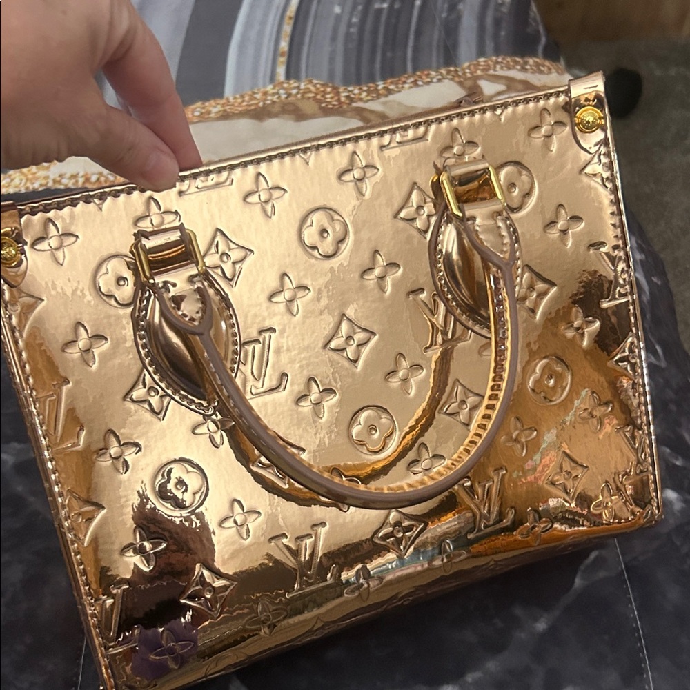 Metallic Pale Gold Patent Embossed Satchel with Top Handles